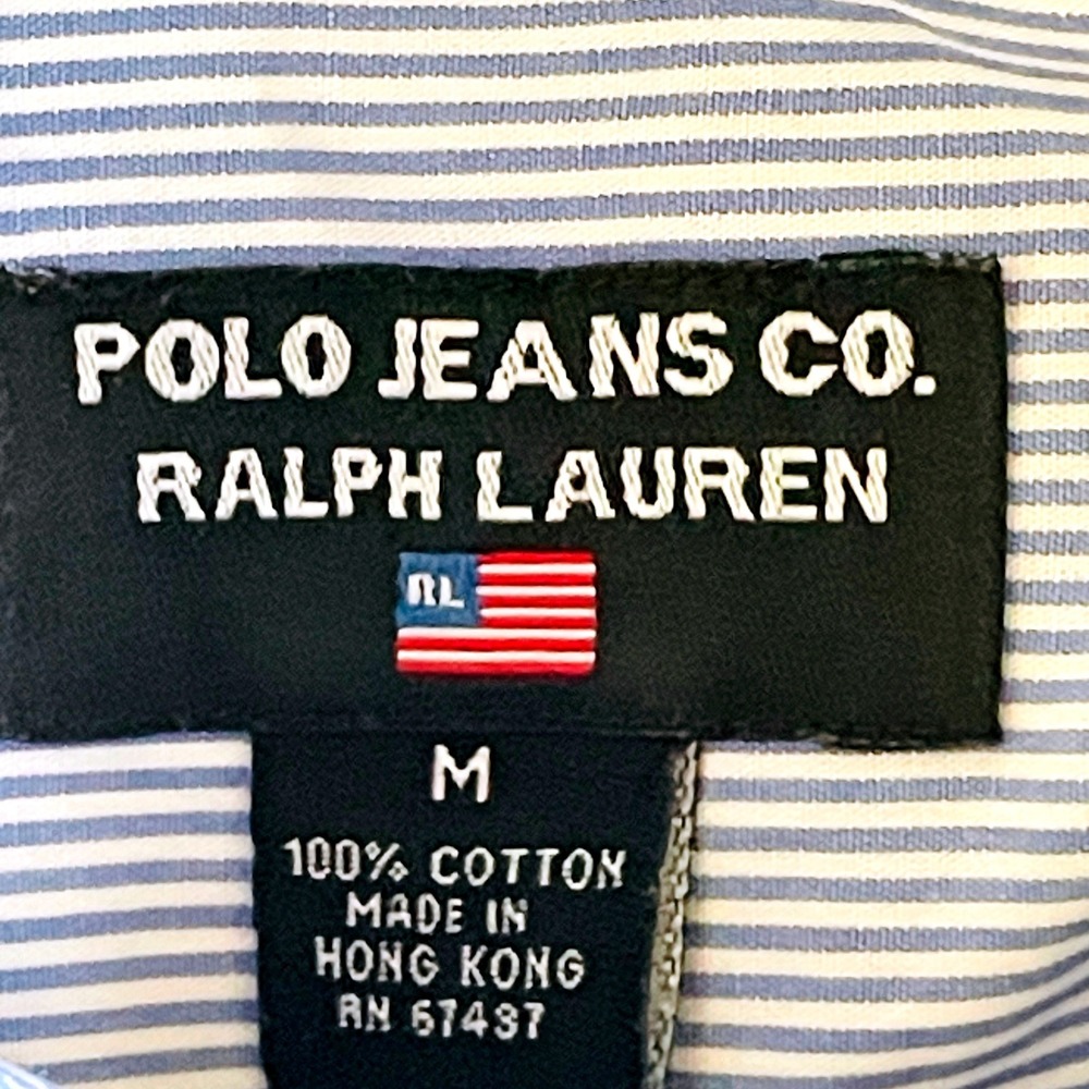 Polo Jeans Co Ralph Lauren Shirt Mens Medium Blue White Stripe Flag 90s Vintage - Picture 7 of 9